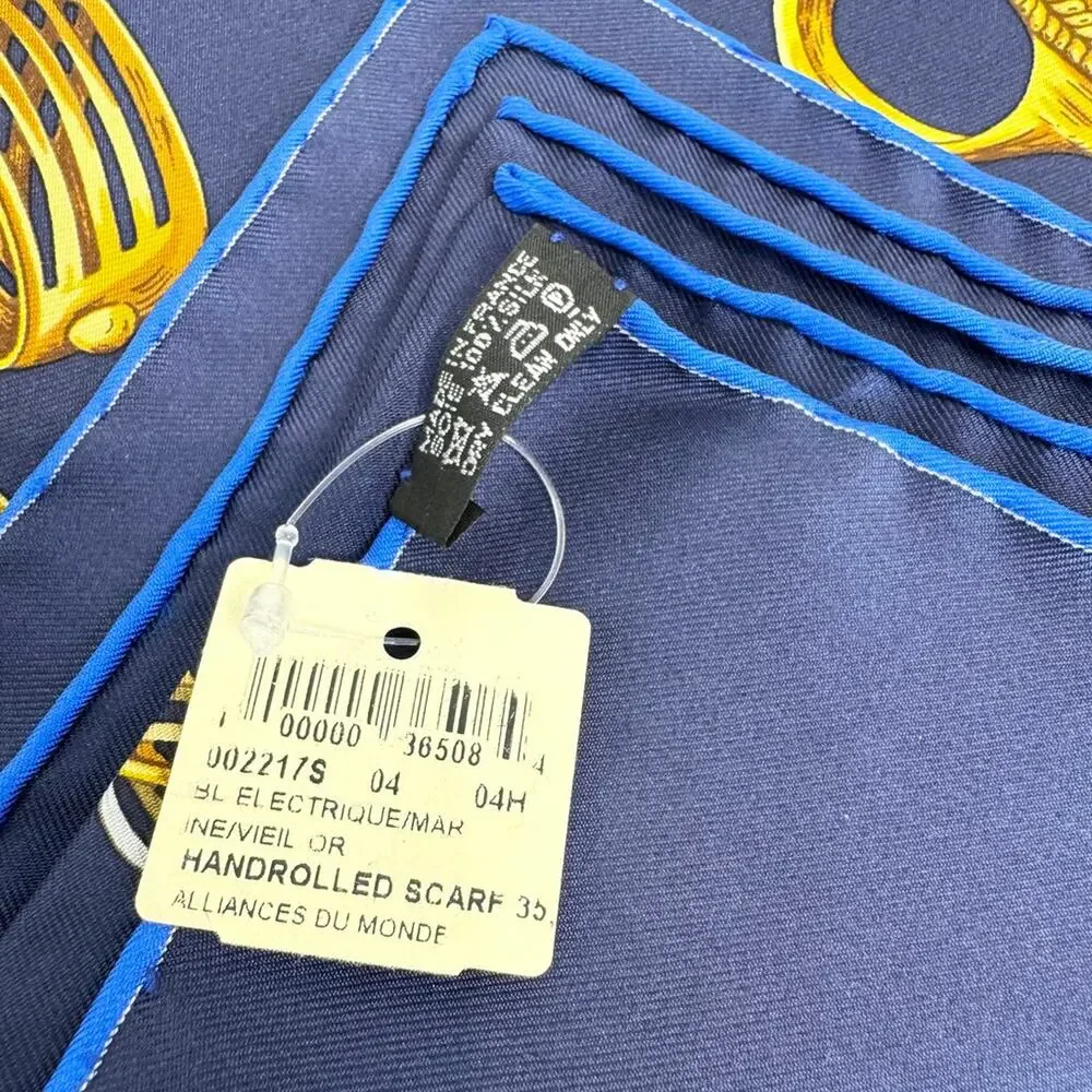 HERMES Carre 90 Blue Alliances du Monde Silk Scarf NEW Ring Pattern with Box